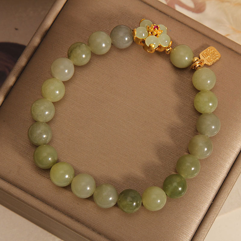 Green Jade Fu Character Luck Flower Bracelet 14-16cm