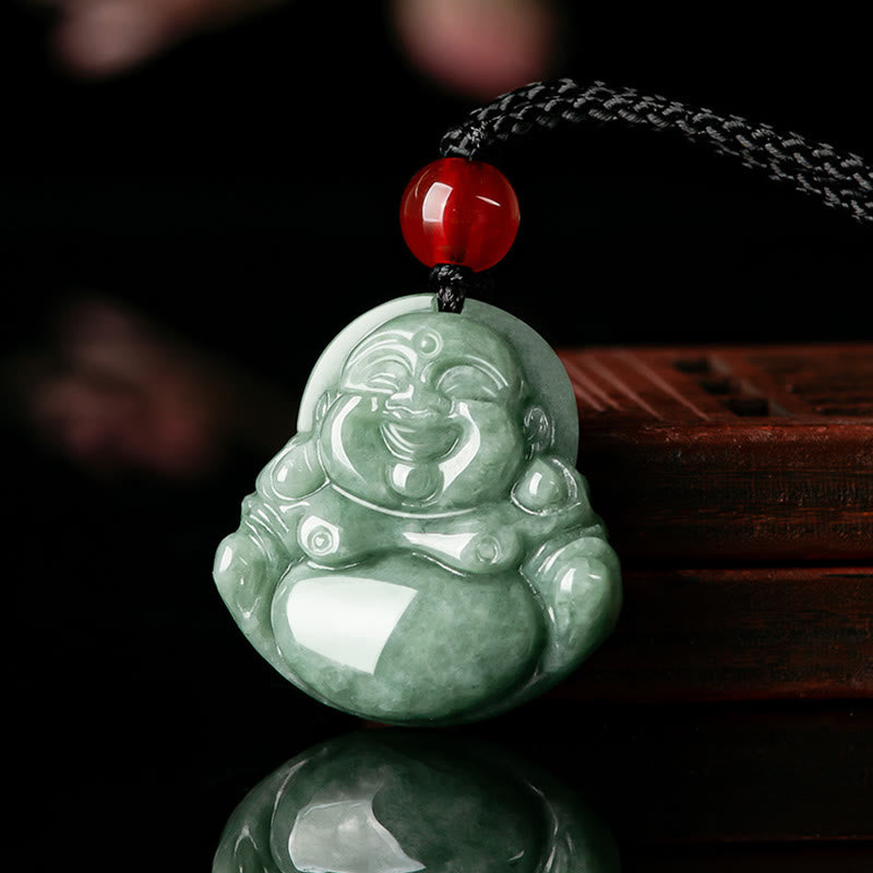 Green Jade Laughing Buddha Necklace for Luck & Abundance