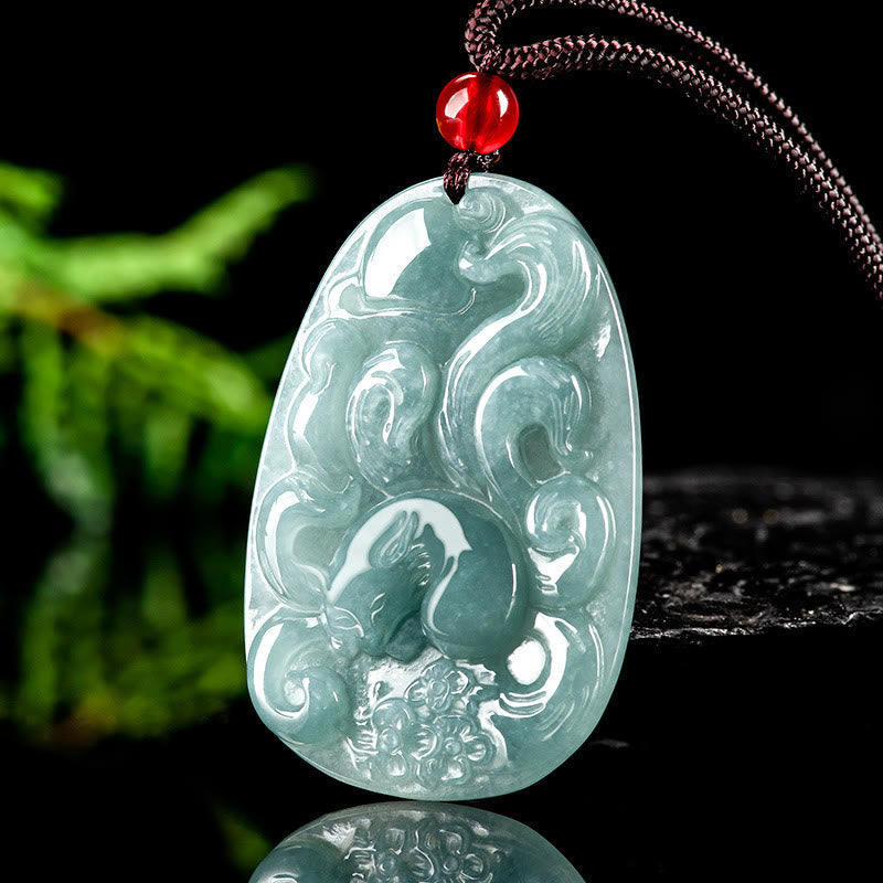 Green Jade Nine Tailed Fox Luck Necklace Pendant