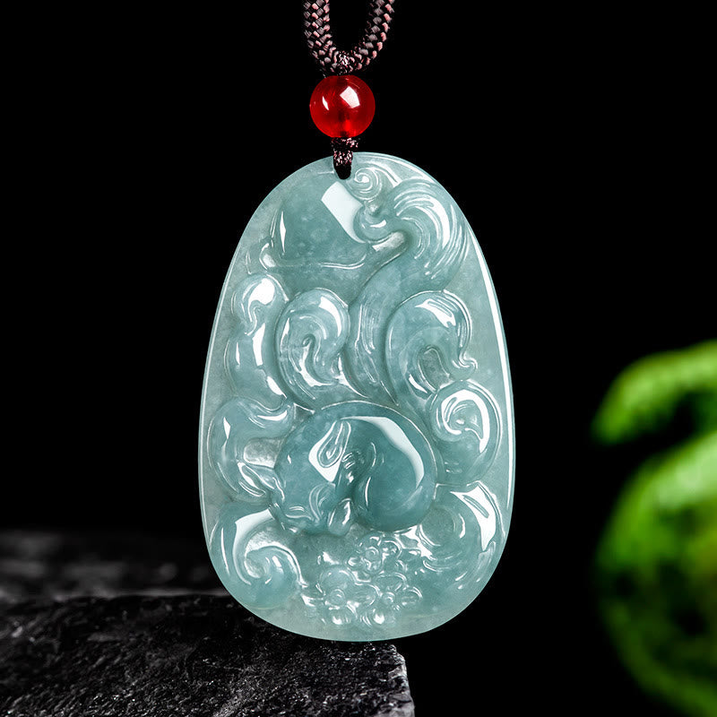 Green Jade Nine Tailed Fox Luck Necklace Pendant