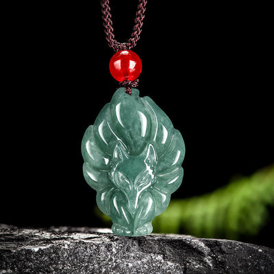 Green Jade Nine Tailed Fox Luck Necklace Pendant