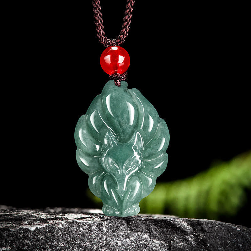Green Jade Nine Tailed Fox Luck Necklace Pendant