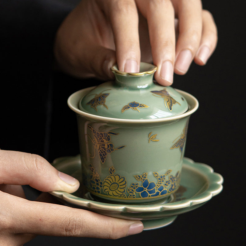 Green Porcelain Gaiwan Tea Set | Butterfly Flower & Salmon Design