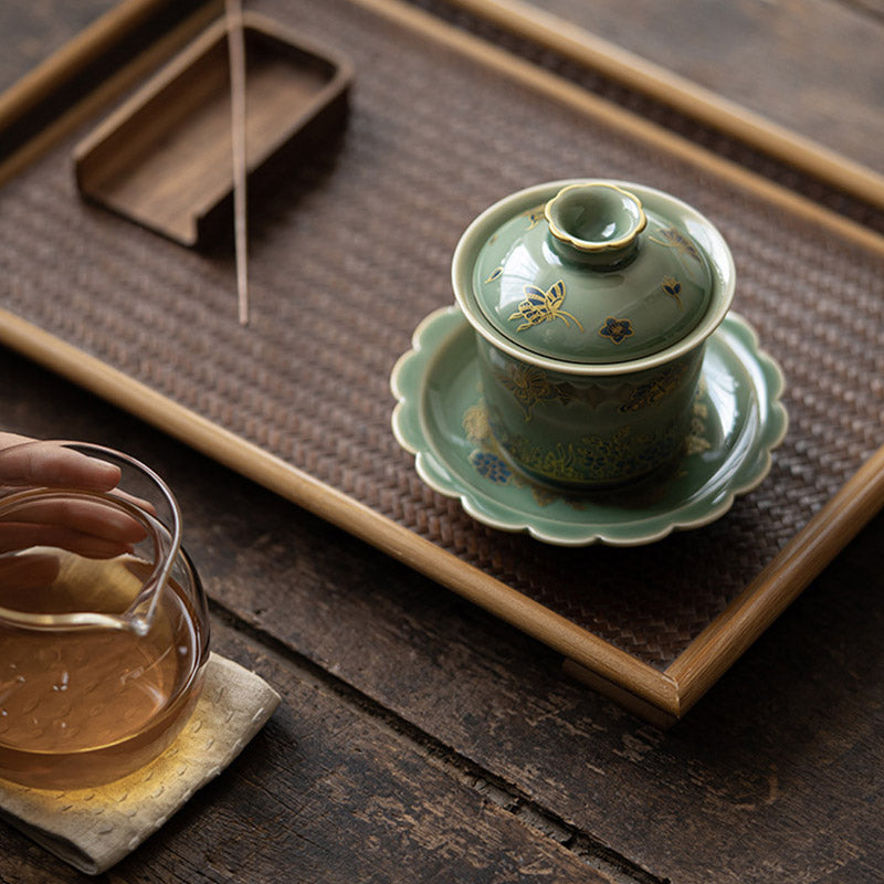 Green Porcelain Gaiwan Tea Set | Butterfly Flower & Salmon Design