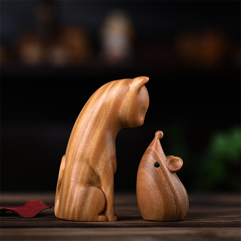 Green Sandalwood Cat and Mouse Figurines | Spiritual Animal Decor