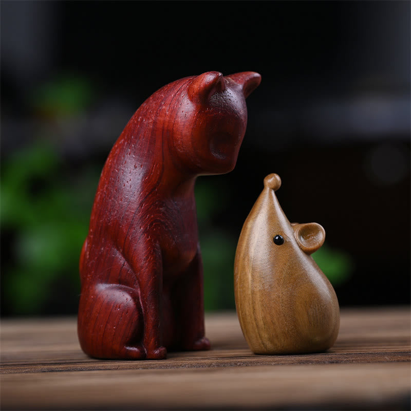 Green Sandalwood Cat and Mouse Figurines | Spiritual Animal Decor