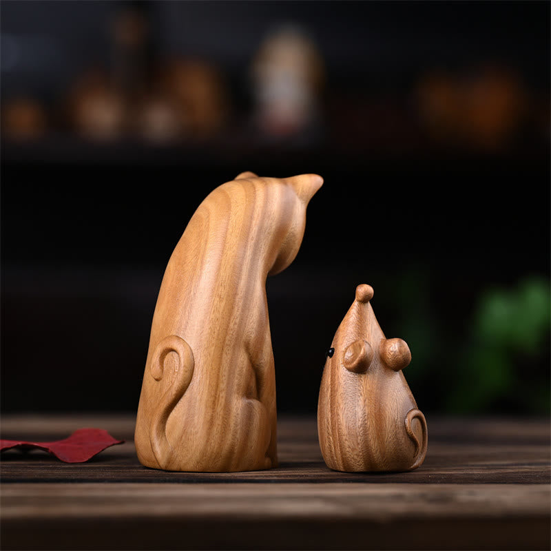 Green Sandalwood Cat and Mouse Figurines | Spiritual Animal Decor