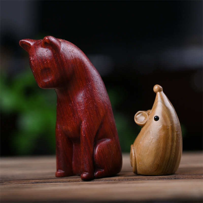 Green Sandalwood Cat and Mouse Figurines | Spiritual Animal Decor