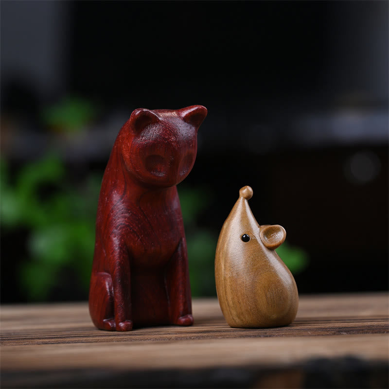 Green Sandalwood Cat and Mouse Figurines | Spiritual Animal Decor