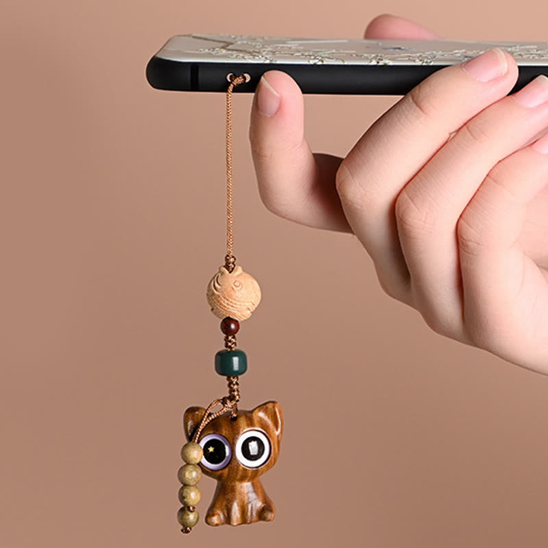 Green Sandalwood Koi Fish Lucky Cat Key Chain Decoration