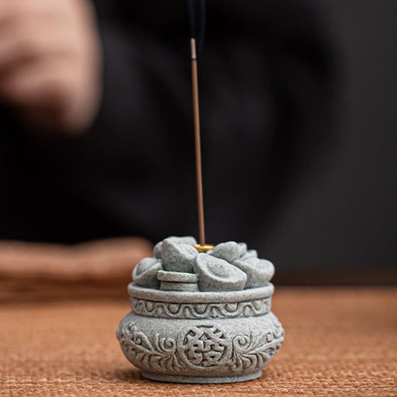 Green Sandstone Fu Incense Burner | Prosperity Desk Decor