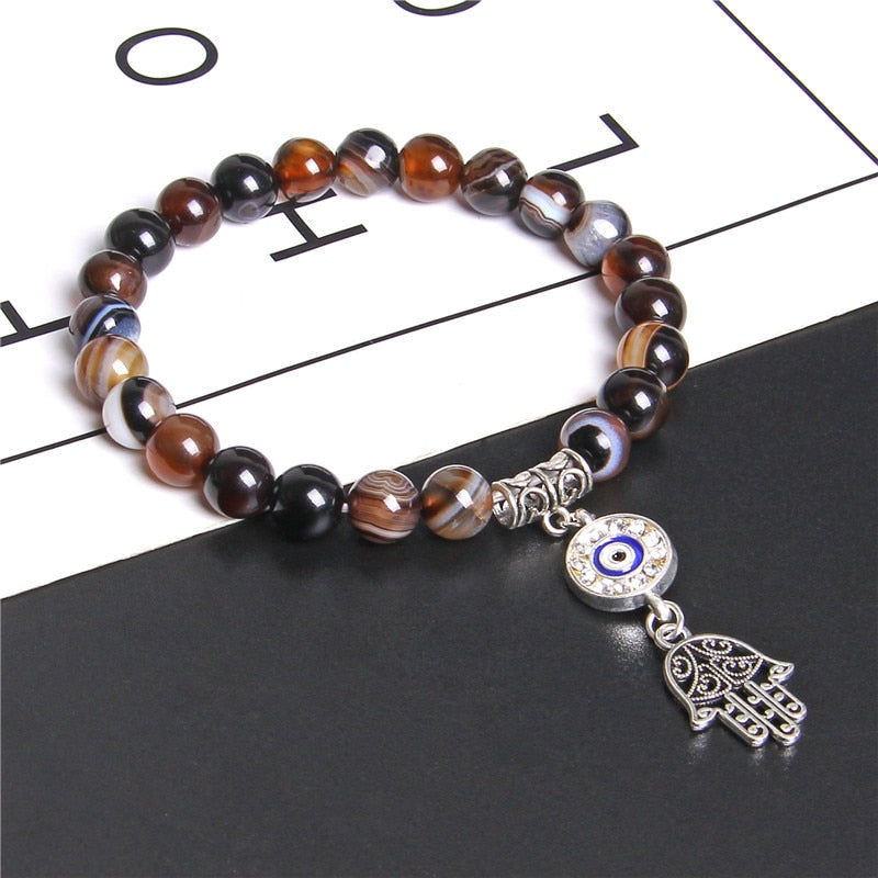 Hamsa Bracelet with Agate and Sunstone Gemstones