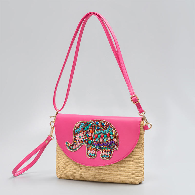 Hamsa Straw Crossbody Bag with Elephant & Flower Designs