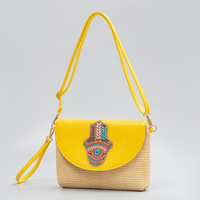 Hamsa Straw Crossbody Bag with Elephant & Flower Designs