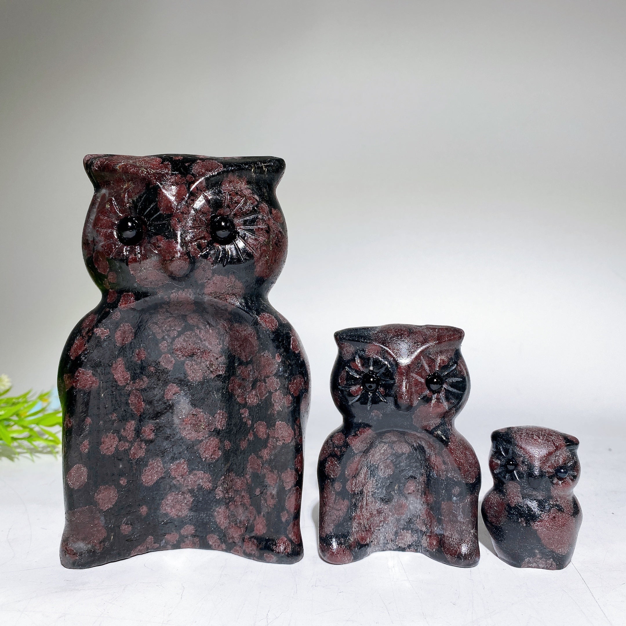 Hand Carved Crystal Owls Set Garnet Jasper Jade 2-6 inch