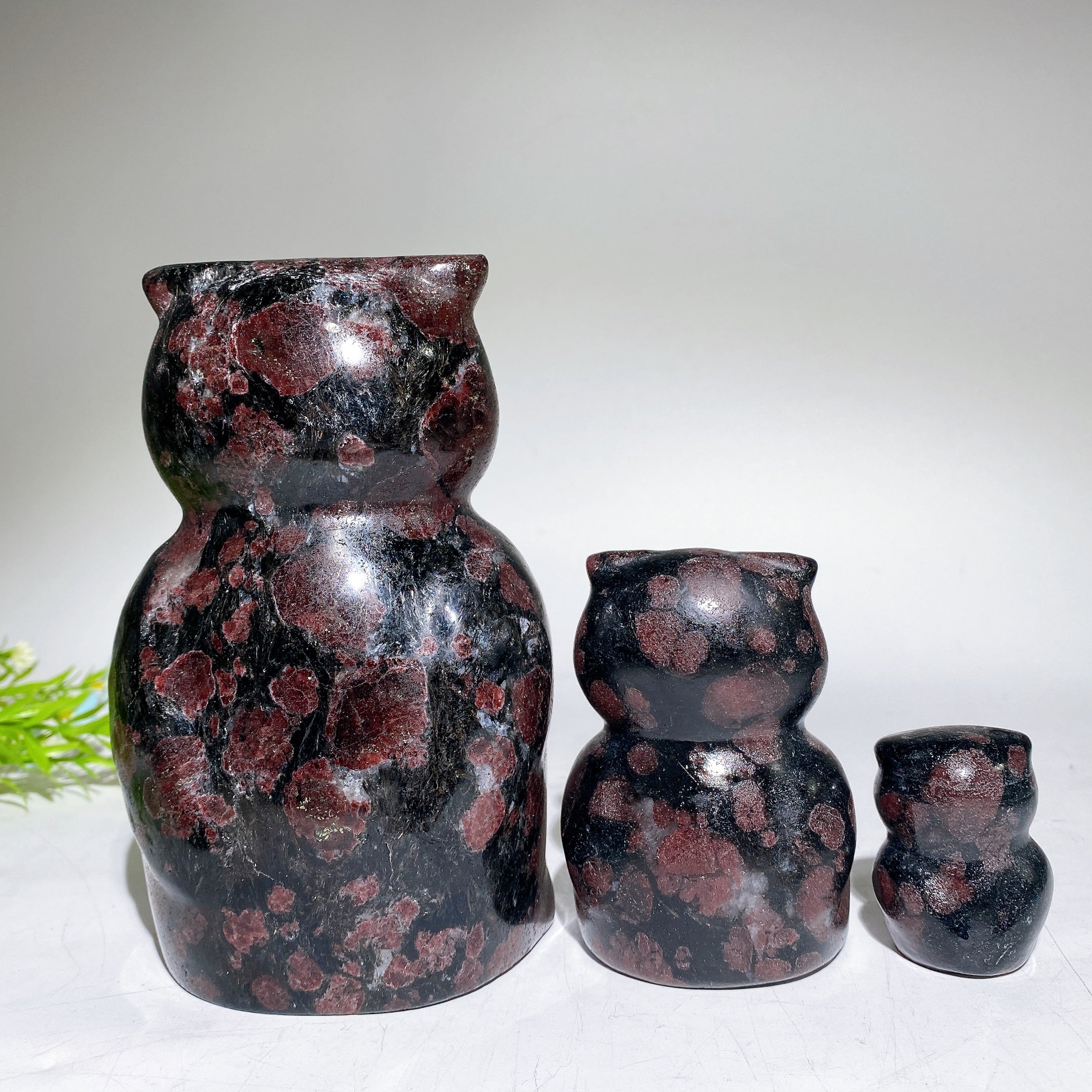 Hand Carved Crystal Owls Set Garnet Jasper Jade 2-6 inch