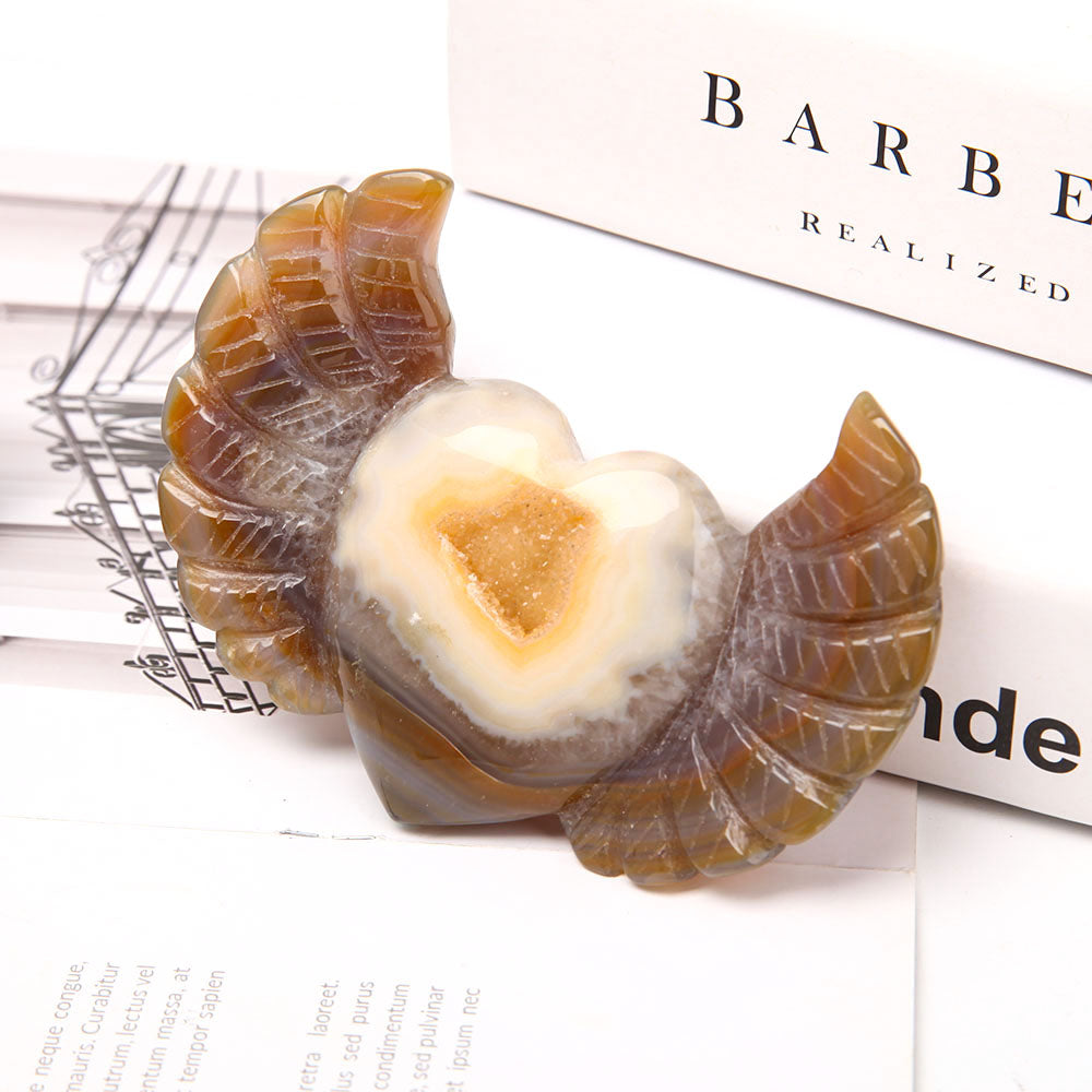 Hand Carved Druzy Agate Heart with Wings Crystal Figurine 4.2 Inch