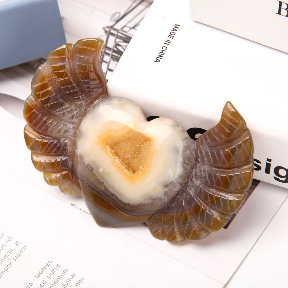 Hand Carved Druzy Agate Heart with Wings Crystal Figurine 4.2 Inch