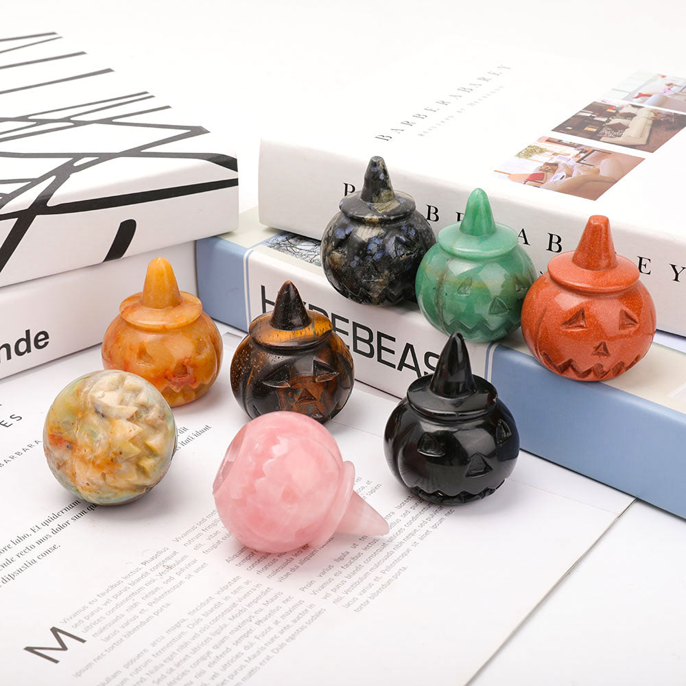 Hand Carved Gemstone Pumpkin Figurine 2" for Halloween Decor