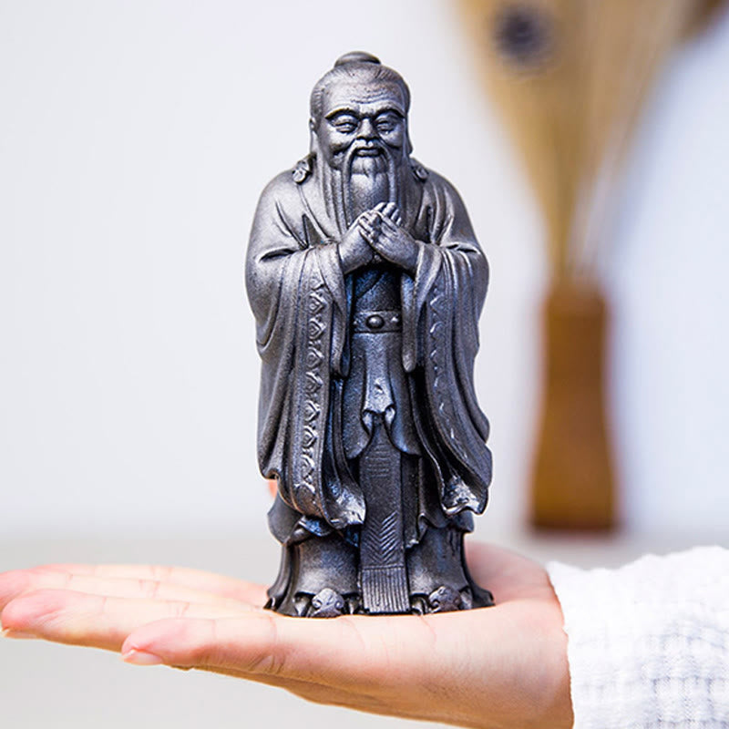 Handmade 14cm Confucius Spiritual Iron Powder Resin Statue