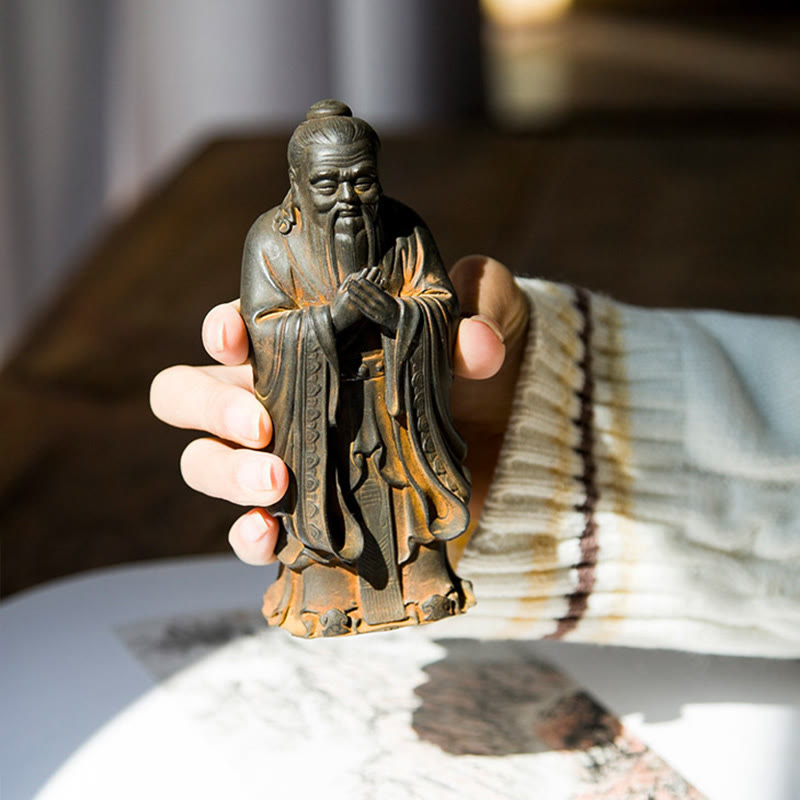Handmade 14cm Confucius Spiritual Iron Powder Resin Statue