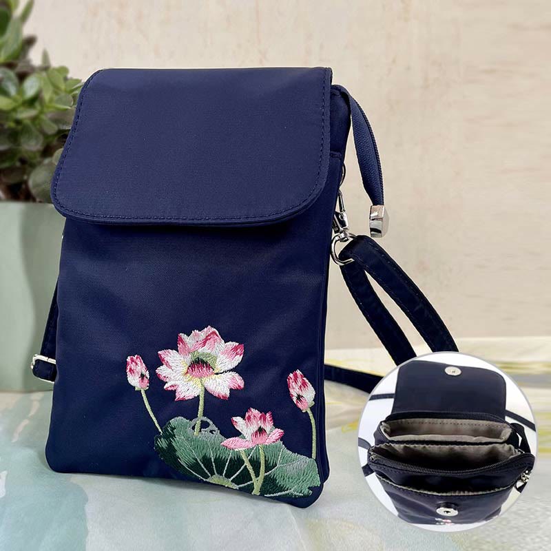 Handmade Embroidered Lotus Flowers Crossbody Bag Waterproof