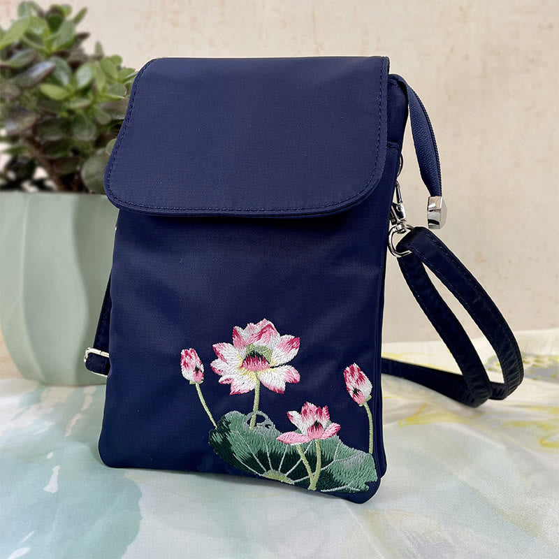 Handmade Embroidered Lotus Flowers Crossbody Bag Waterproof
