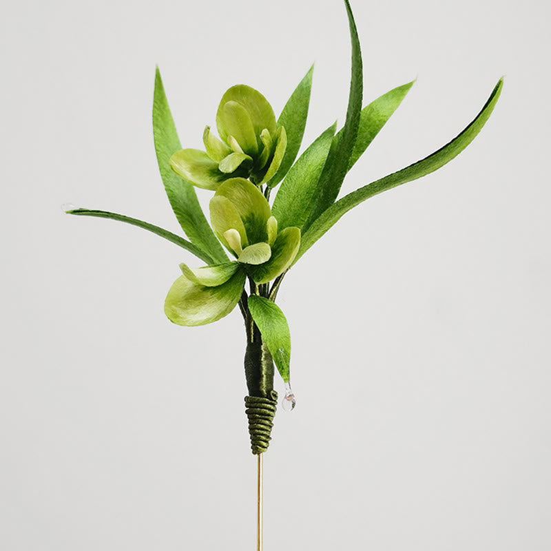 Handmade Green Flowers Leaves Brooch Hairpin Silk Craft