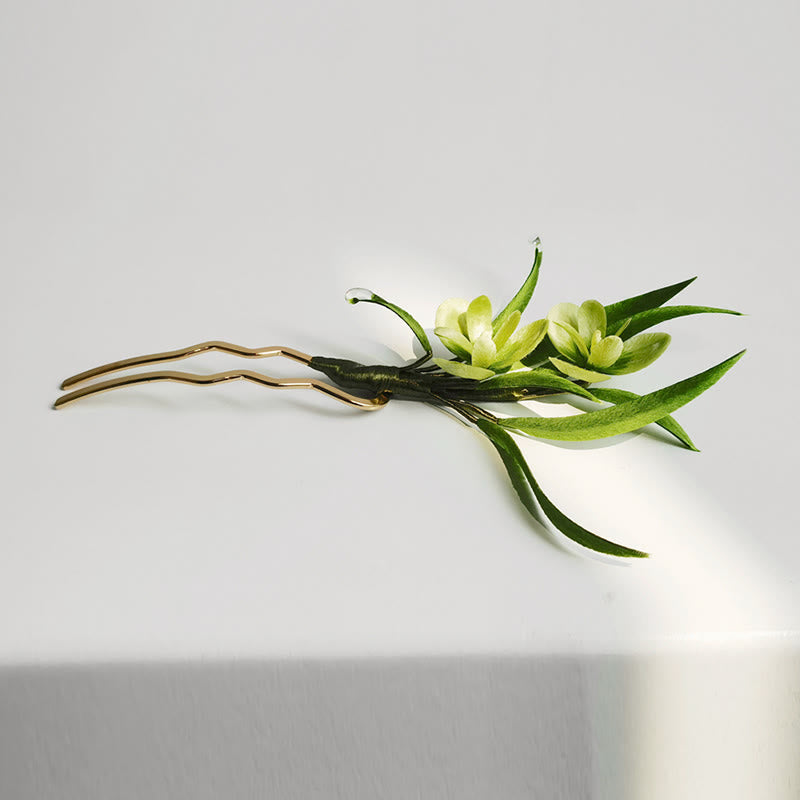 Handmade Green Flowers Leaves Brooch Hairpin Silk Craft