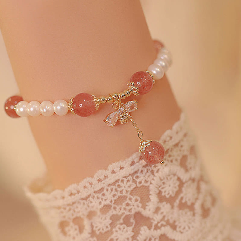 Healing Pearl Strawberry Quartz Bracelet with Honey Bee Charm