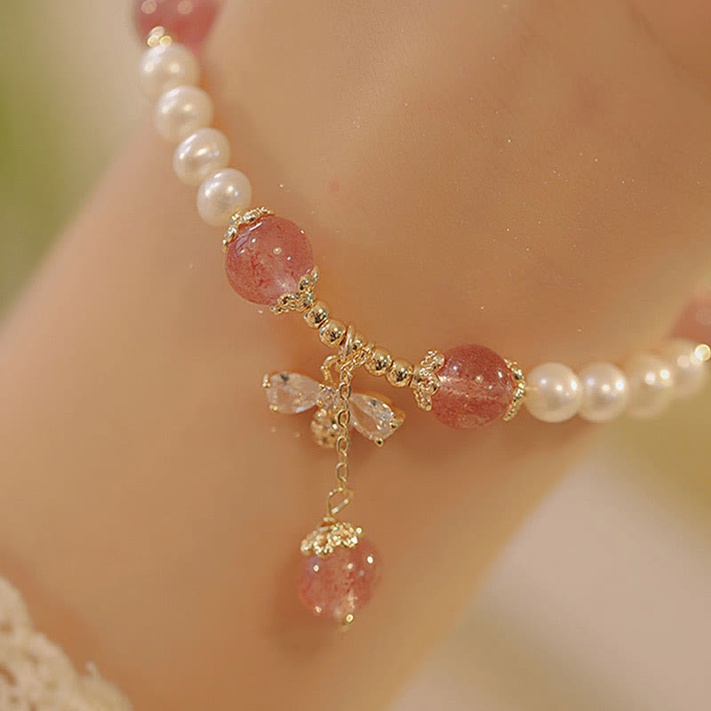 Healing Pearl Strawberry Quartz Bracelet with Honey Bee Charm