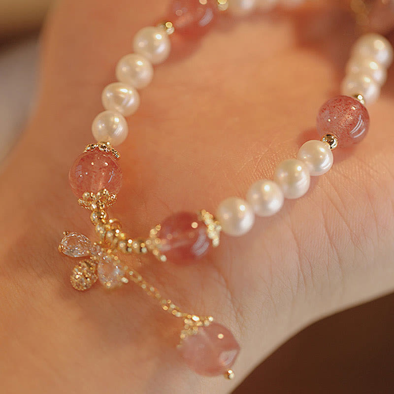Healing Pearl Strawberry Quartz Bracelet with Honey Bee Charm