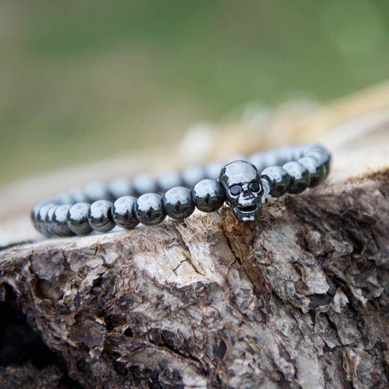 Hematite Skull Bracelet with Black Zirconia Eyes