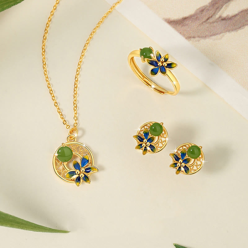 Hetian Cyan Jade 3Pcs Jewelry Set | Necklace Ring Earrings