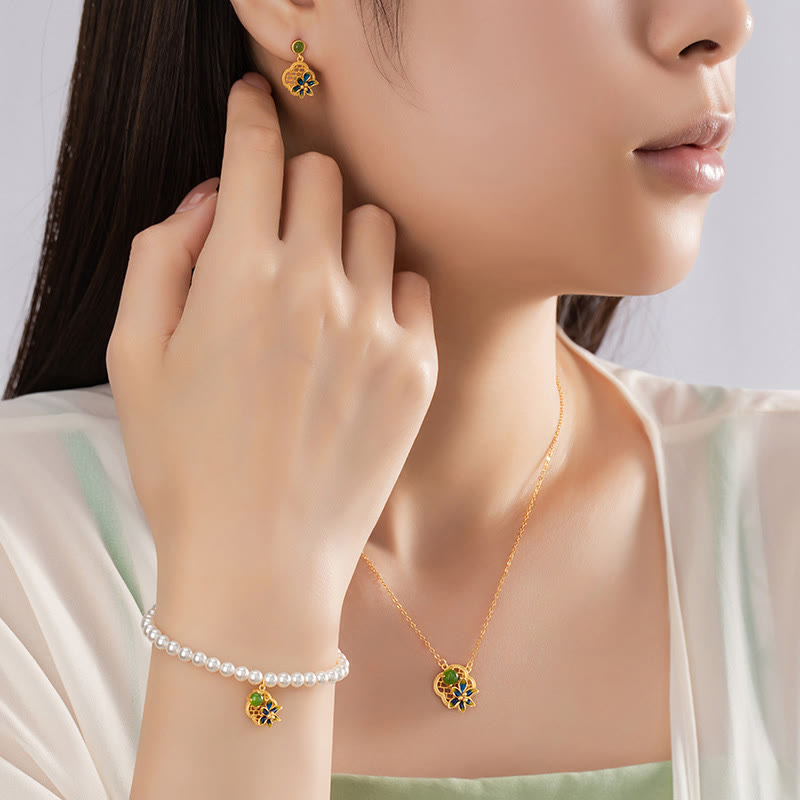 Hetian Cyan Jade Four Leaf Clover Jewelry Set | Healing Sounds