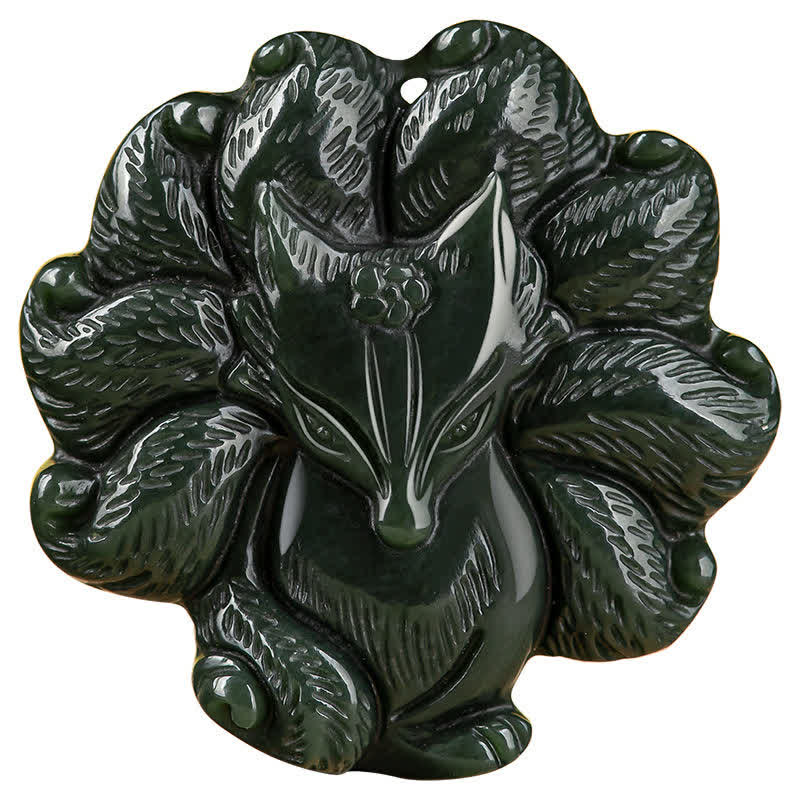 Hetian Cyan Jade Nine Tailed Fox Luck Pendant Necklace