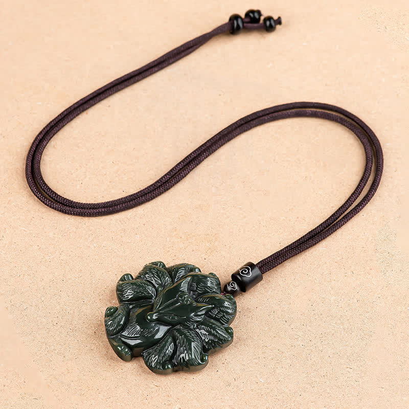 Hetian Cyan Jade Nine Tailed Fox Luck Pendant Necklace