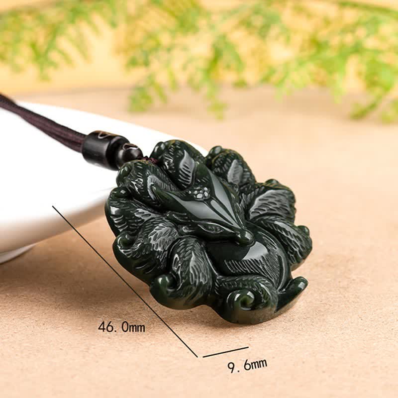 Hetian Cyan Jade Nine Tailed Fox Luck Pendant Necklace
