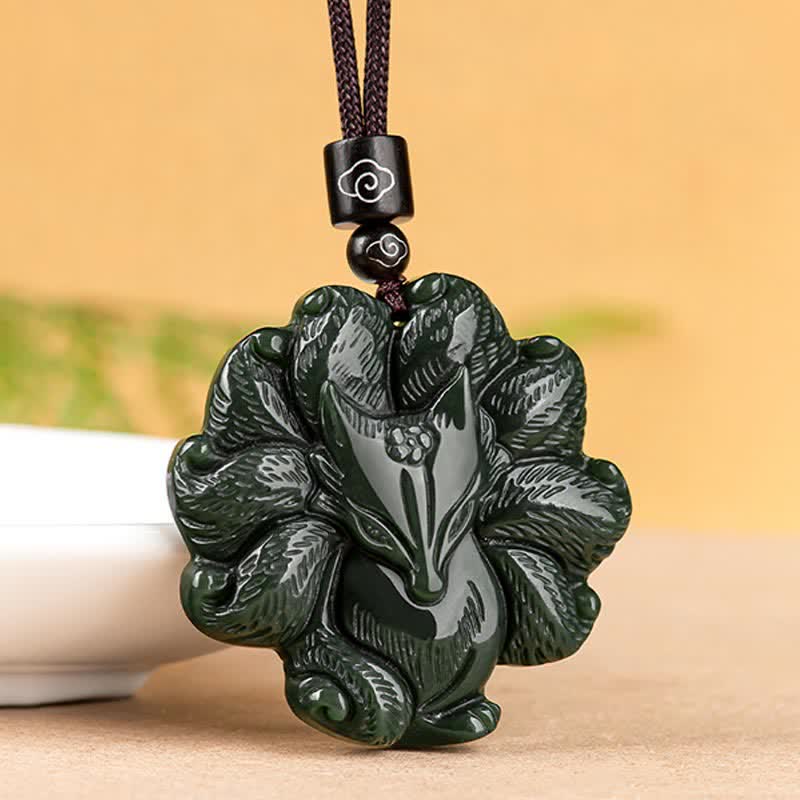 Hetian Cyan Jade Nine Tailed Fox Luck Pendant Necklace