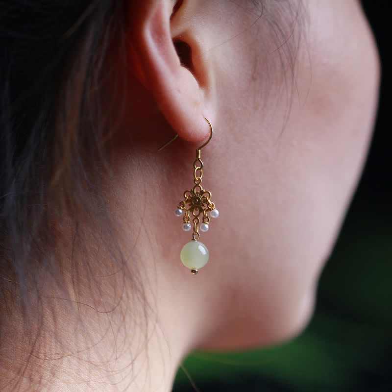 Hetian Jade 14K Gold Dangle Earrings for Prosperity & Luck
