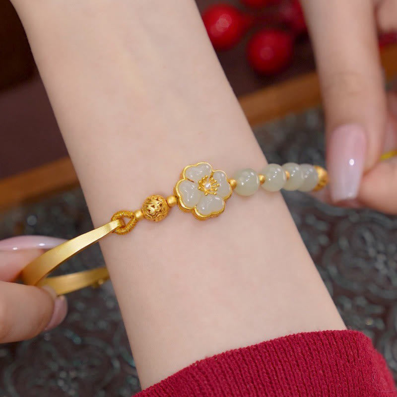 Hetian Jade 925 Sterling Silver Lucky Flower Cuff Bracelet