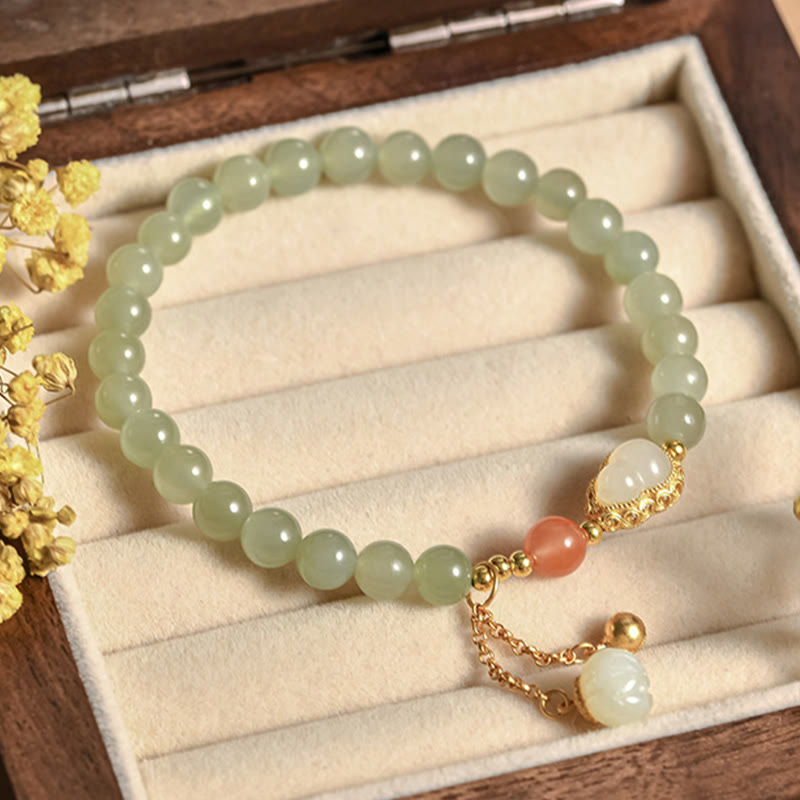 Hetian Jade Lotus Abundance Luck Bracelet 925 Silver