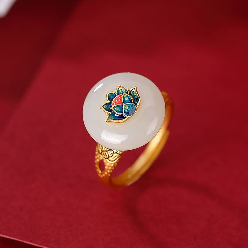 Hetian Jade Lotus Ring & Earrings Set | Gold Silver Spiritual Luck