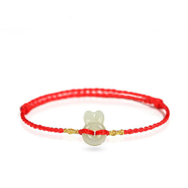 Hetian Jade Luck Bracelet with Cute Rabbit Charm and Red String