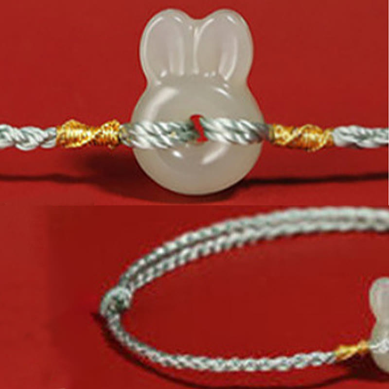 Hetian Jade Luck Bracelet with Cute Rabbit Charm and Red String