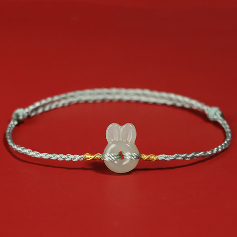 Hetian Jade Luck Bracelet with Cute Rabbit Charm and Red String