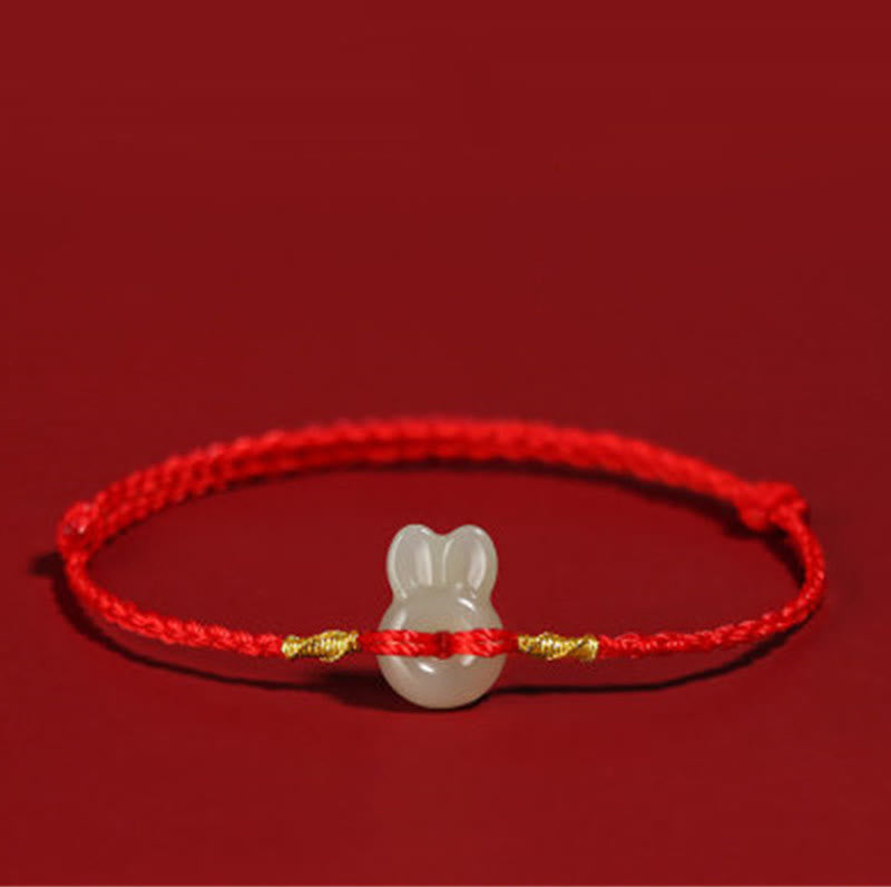 Hetian Jade Luck Bracelet with Cute Rabbit Charm and Red String