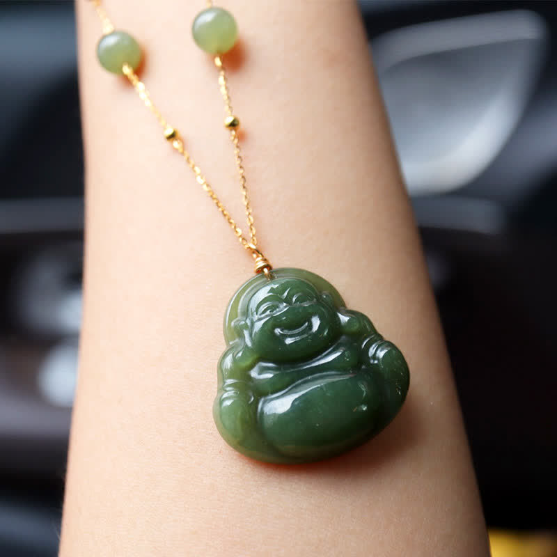 Hetian Jade Luck Necklace with Laughing Buddha Pendant