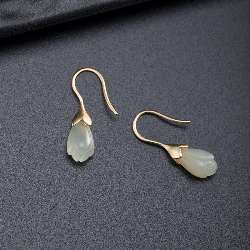 Hetian Jade Magnolia 925 Silver Drop Earrings