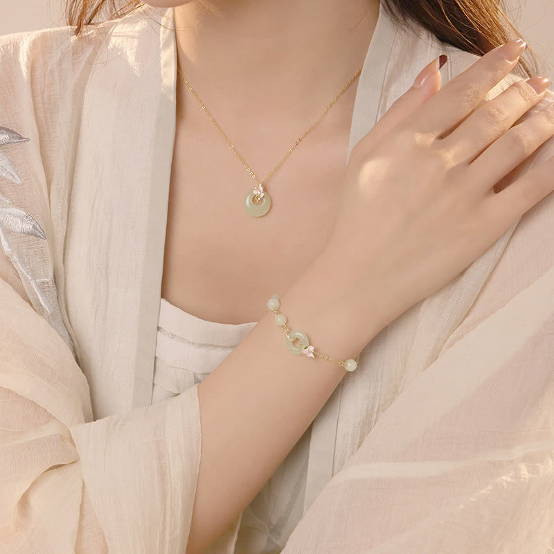 Hetian Jade Peace Buckle Bracelet & Necklace Set - 925 Silver